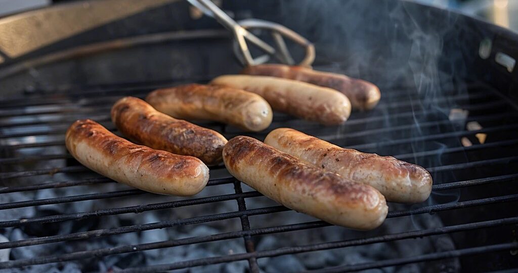 Kleine Bratwürste auf einem Holzkohlegrill mit leichten Röstspuren