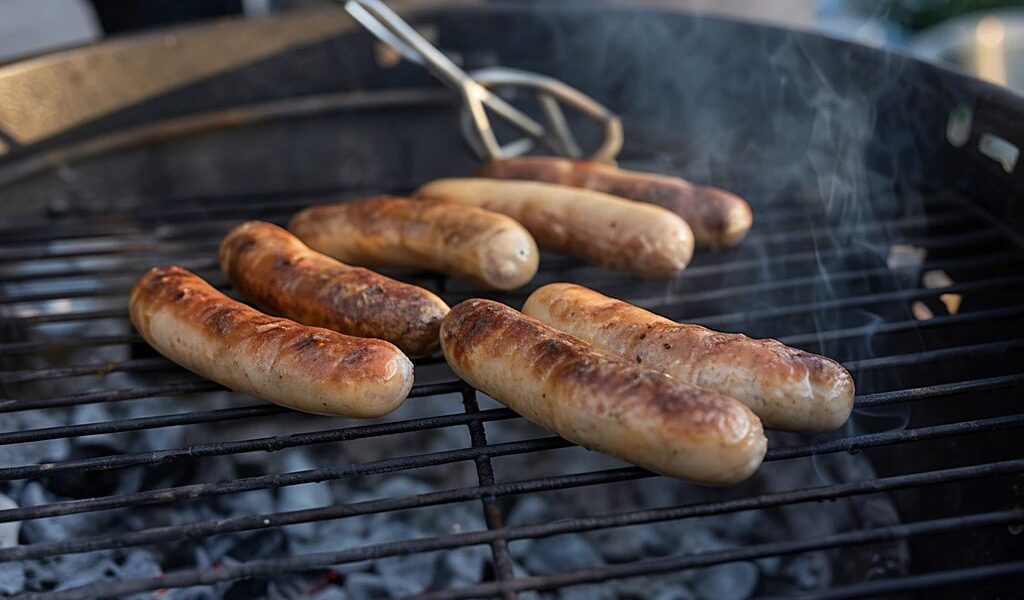 Kleine Bratwürste auf einem Holzkohlegrill mit leichten Röstspuren