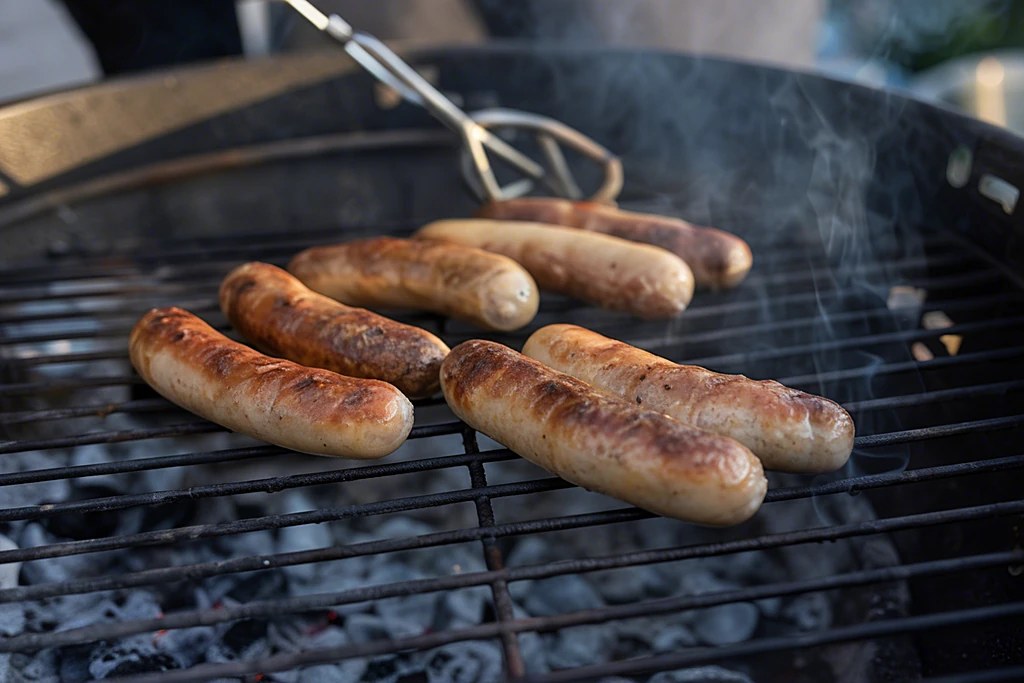 Kleine Bratwürste auf einem Holzkohlegrill mit leichten Röstspuren